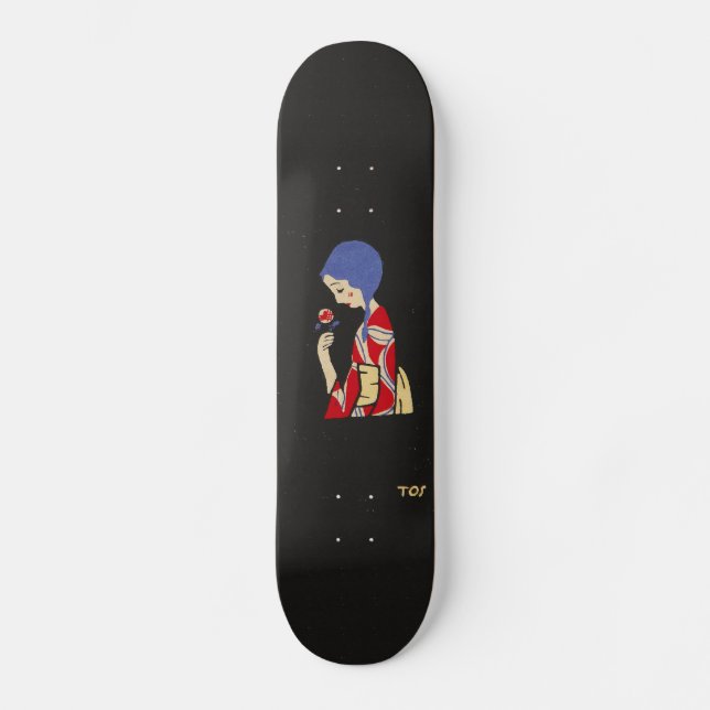 Skateboard Chica japonés del arte de Toshio Ito con la flor (Anverso)