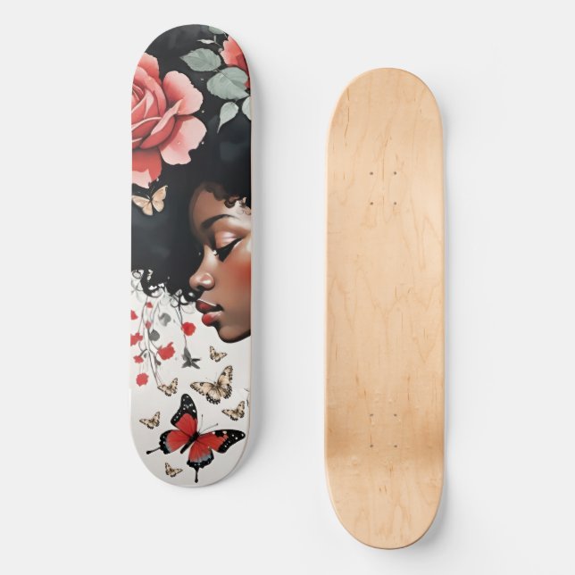Skateboard Chica negro caprichoso con Rosas y mariposas (Anverso)