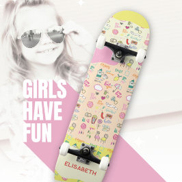 Skateboard Chicas de patrón de Doodle Pastel Rosa