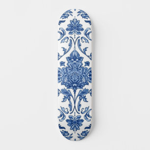 Skateboard Chinoisería Floral Azul Acuarela Blanca