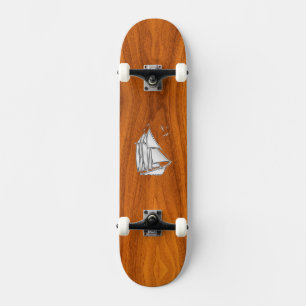 Skateboard Chrome Silver like Sailboat on Teak Veneer