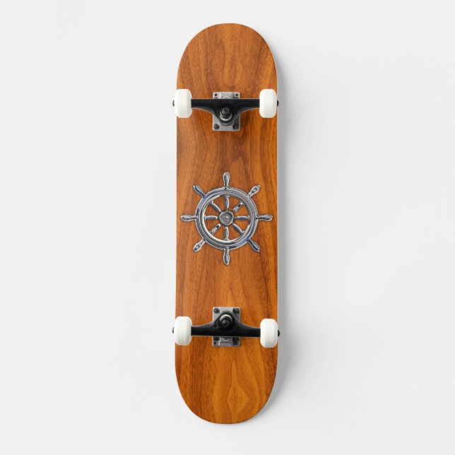 Skateboard Chrome Style Nautical Wheel on Teak Veneer (Anverso)