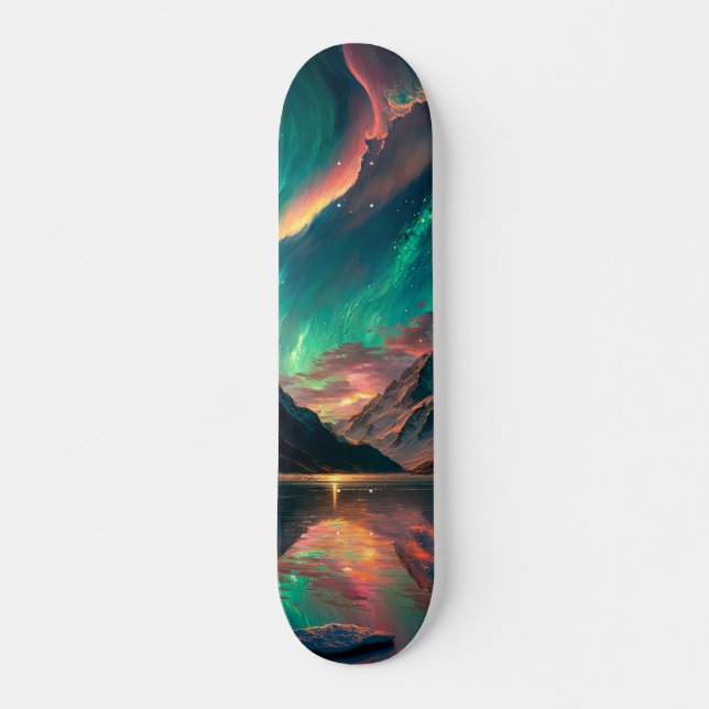 Skateboard Cielo verde épico y montañas con Aurora Borealis (Anverso )