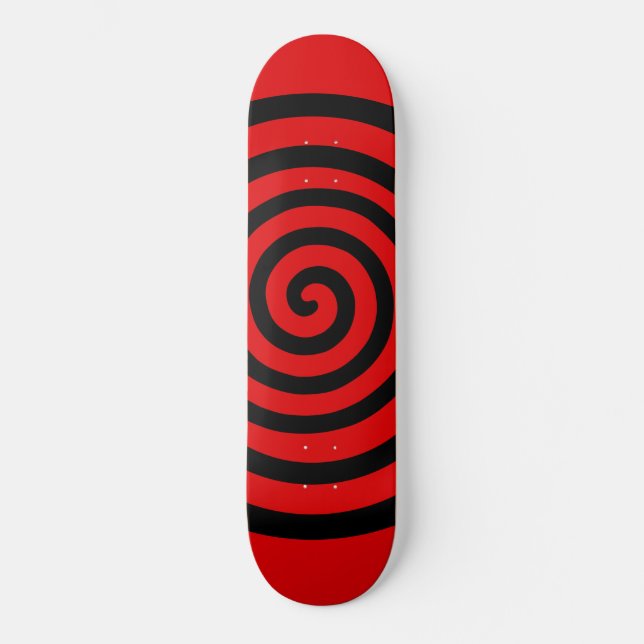 Skateboard Círculo espiral abstracto negro sobre rojo (Anverso)