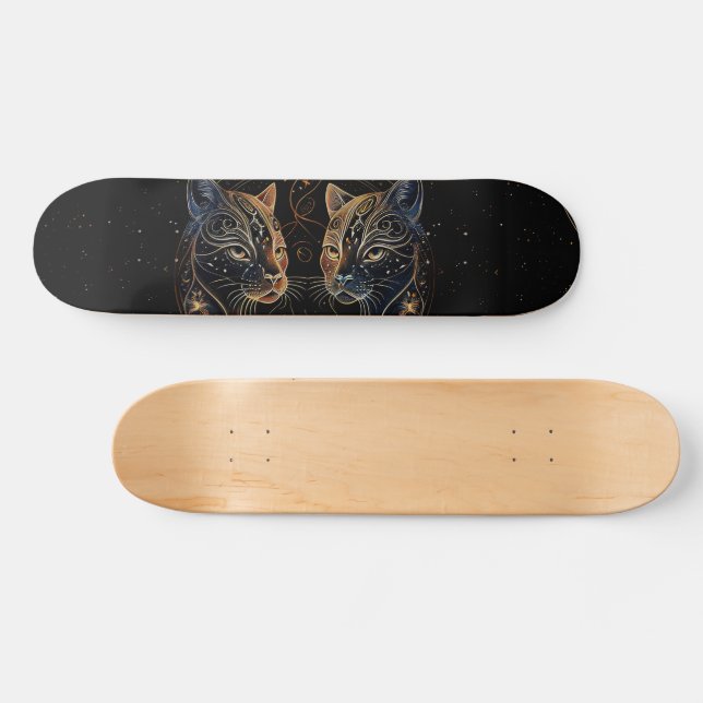 Skateboard Círculo felino artístico de gatos gemelos (Horz)