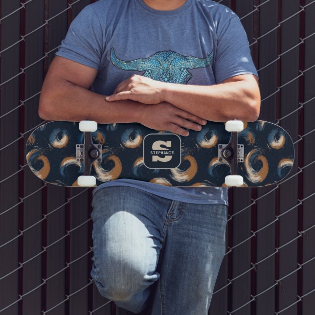 Skateboard Círculo giratorio azul y marrón sobre fondo oscuro (Exterior 3)