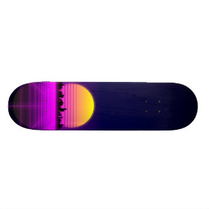 Skateboard Ciudad de las luces de neón del synthwave retro d