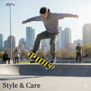 Skateboard Clásico Amarillo Brillante y Negro a Rayas