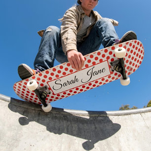 Skateboard Clásico blanco Lunares rojos Nombre personalizad