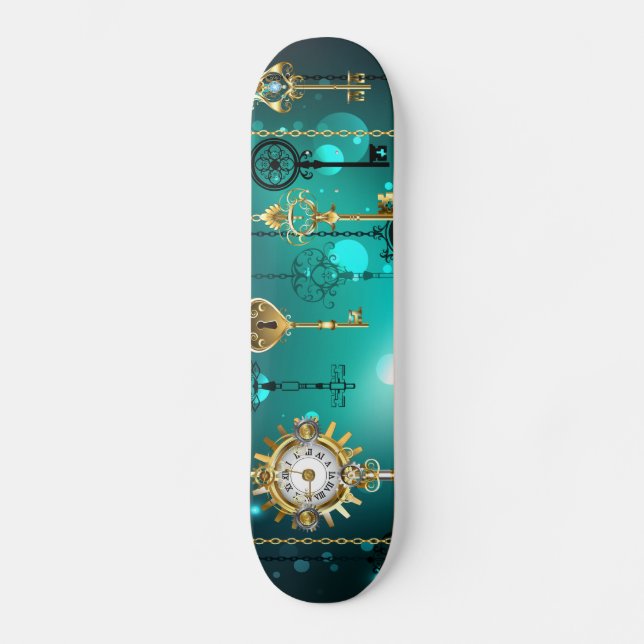 Skateboard Claves de esqueleto antiguas sobre fondo verde (Anverso)