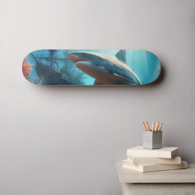 Skateboard Coastal/nautical tiger shark & coral reef (Arte de pared (horz))