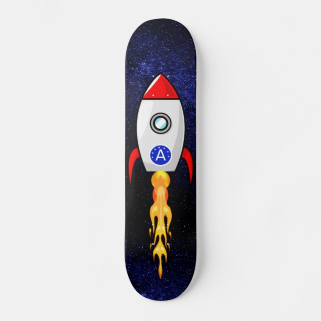 Skateboard Cohetes espaciales y monograma sobre galaxia (Anverso)
