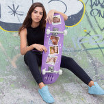 Skateboard Collage de fotos de la familia Girly Purple<br><div class="desc">El patinaje es el regalo perfecto para las mujeres de moda y de orientación familiar de hoy. Estéticamente, está diseñada para ser atractiva y atractiva para los gustos de las chicas, con un fondo suave y vibrante de color violeta, rodeado de estrellas blancas y personalizada con cuatro fotos familiares y...</div>