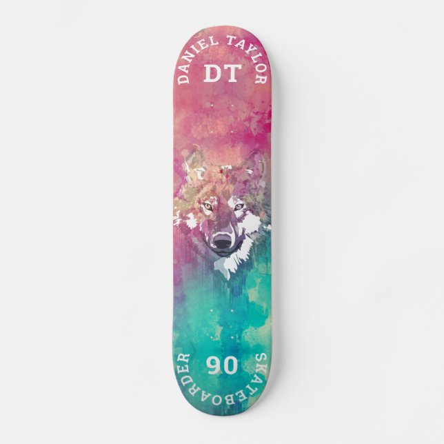 Skateboard Color de agua azul turquesa rosado Monograma artís (Anverso)