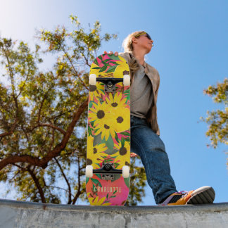 Skateboard Color de agua Patrón floral de girasol rosa + nomb