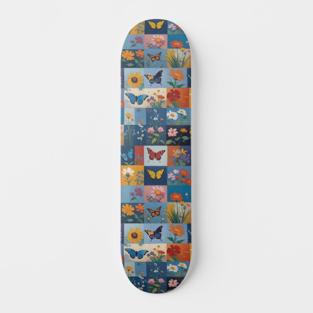 Skateboard Colorful Butterflies And Wildflowers Patchwork (Anverso)
