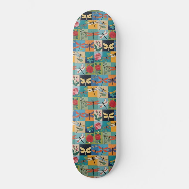 Skateboard Colorful Dragonflies And Roses Patchwork (Anverso)