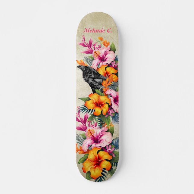 Skateboard Colorido Raven negro tropical (Anverso )