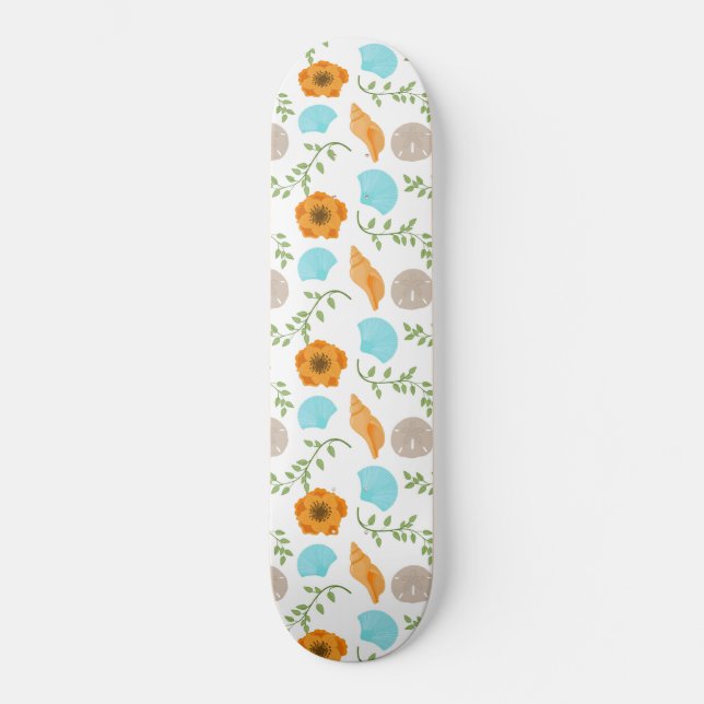 Skateboard Conchas Marinas Azules Caracol de Mar Flor Naranja (Anverso)