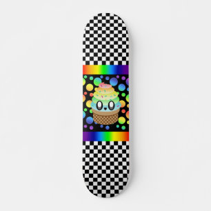 Skateboard Cono de helado de arcoíris kawaii a cuadros