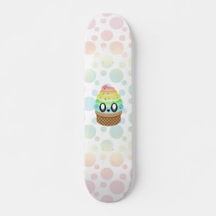 Skateboard Cono de helado kawaii con lunares de arcoíris.