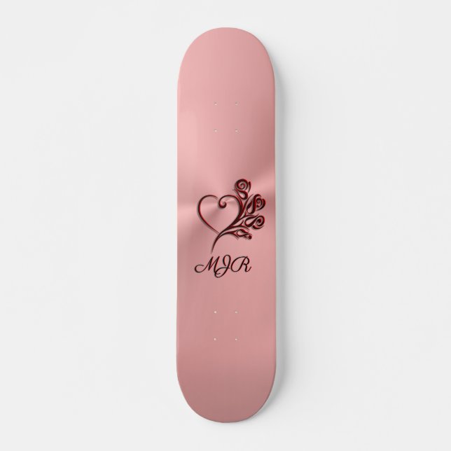 Skateboard Corazón gótico y rosas en rosa-oro con monograma (Anverso )