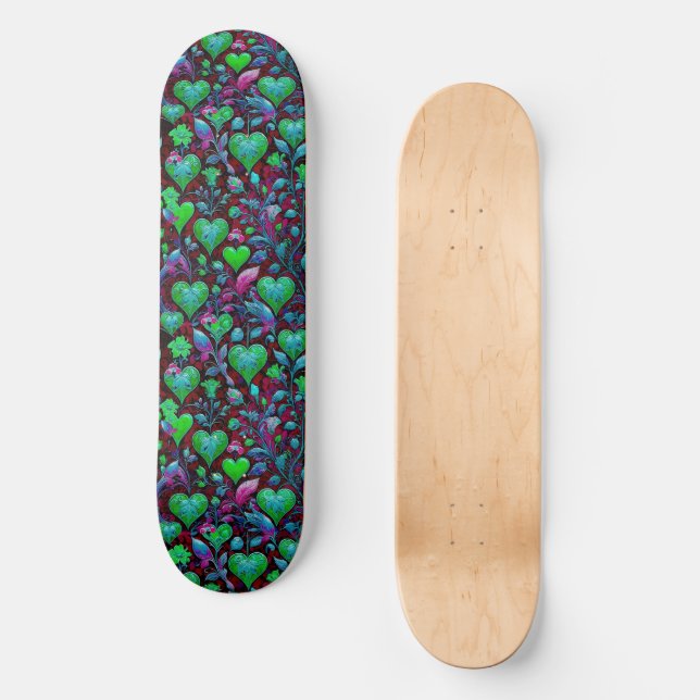 Skateboard Corazón verde neón y morado floral (Anverso)