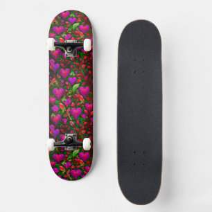 Skateboard Corazones rosados neón brillantes y florales verde