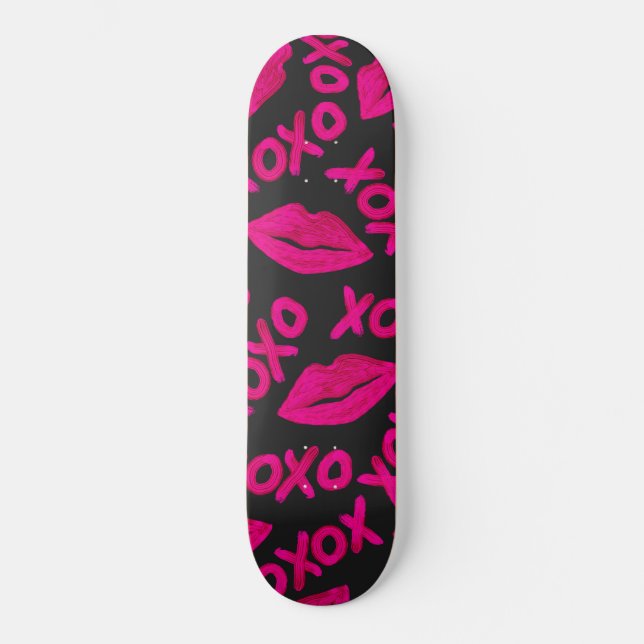 Skateboard Cotización XOXO Patrón de lápiz labial Neón negro  (Anverso)