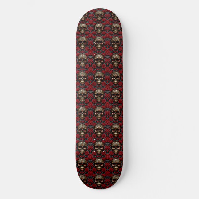 Skateboard Cráneo del Día de los Muertos con rosas rojas (Anverso)
