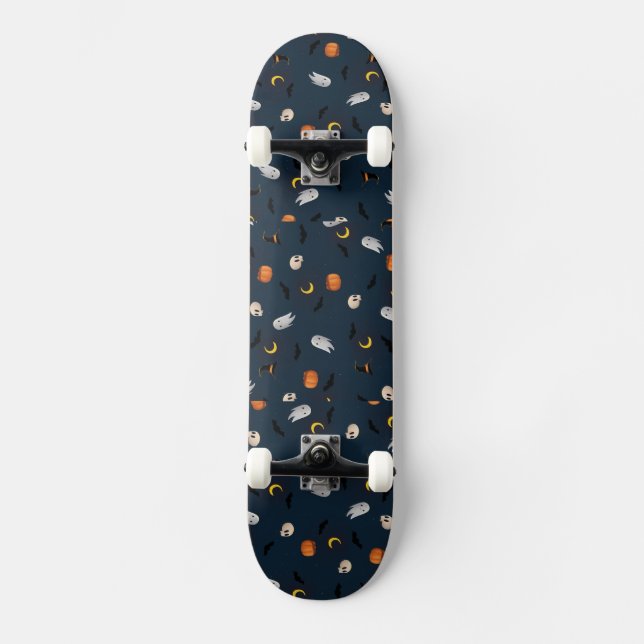 Skateboard Cráneo feliz de Halloween, luna, patrón de murciél (Anverso)
