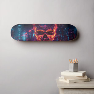 Skateboard Cráneo futurista de Cyberpunk con Cityscape