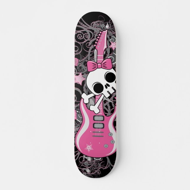 Skateboard Cráneo lindo con guitarra rosa (Anverso )
