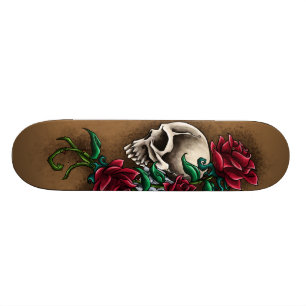 Skateboard Cráneo occidental con los rosas rojos y la pistol