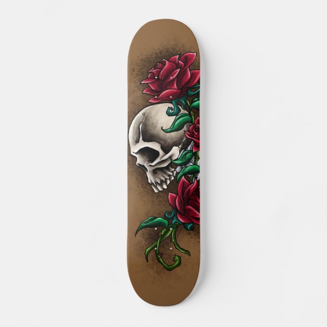 Skateboard Cráneo occidental con los rosas rojos y la pistola (Anverso)