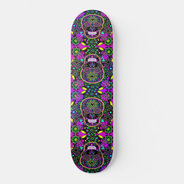 Skateboard Cráneo verde y púrpura caliente fresco del azúcar (Anverso)