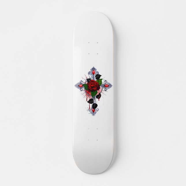 Skateboard Cruz de Plata con una Rosa Roja (Anverso )