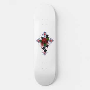 Skateboard Cruz de Plata con una Rosa Roja