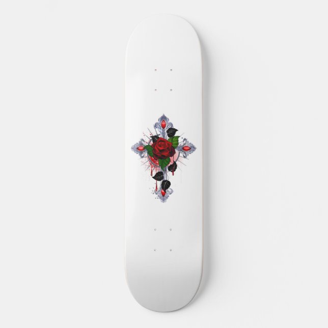 Skateboard Cruz de Plata con una Rosa Roja (Anverso)