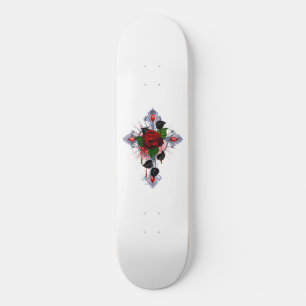 Skateboard Cruz de Plata con una Rosa Roja