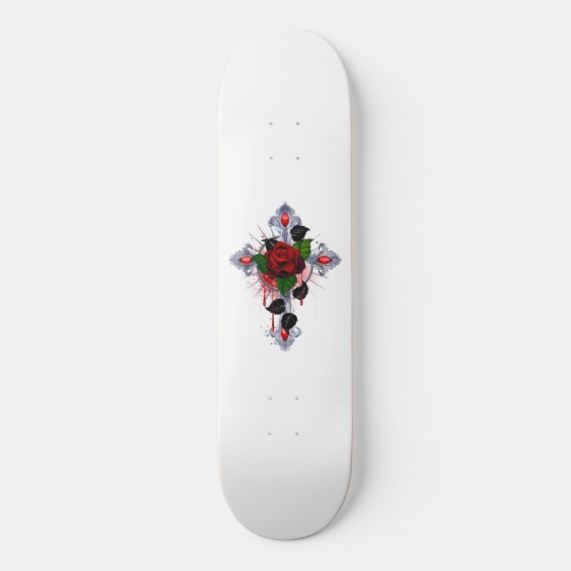 Skateboard Cruz de Plata con una Rosa Roja (Anverso)