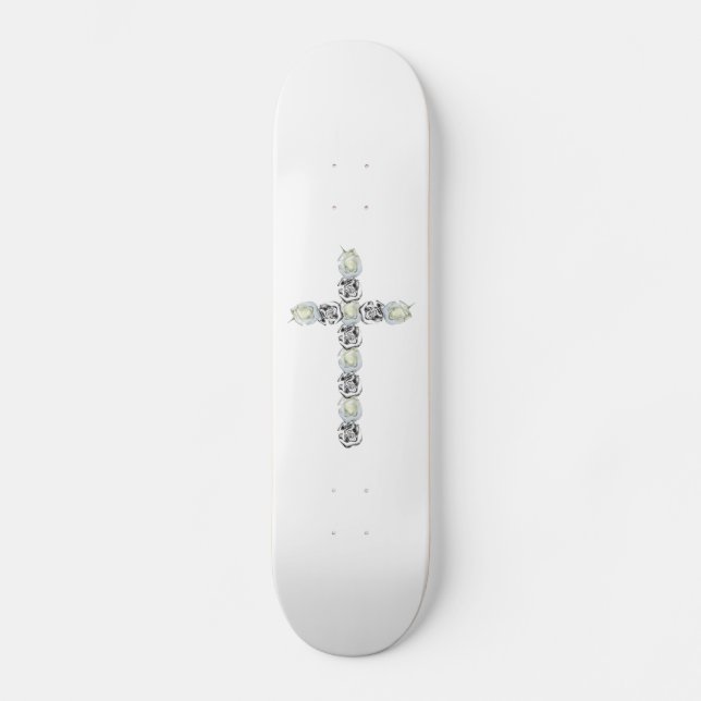 Skateboard Cruz de rosas blancas y plateadas (Anverso)