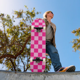 Skateboard Cuadrados a cuadros rosa caliente claro geométrico
