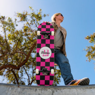 Skateboard Cuadrados a cuadros rosa caliente negro Monograma