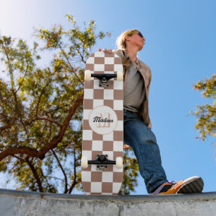 Skateboard Cuadrados de damero mocha marrón blanco Monograma