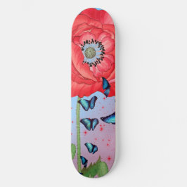 SKATEBOARD CUADROS ROJOS Y MARIPOSAS AZULES DE PATINAJE