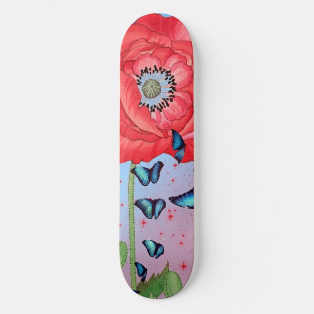 SKATEBOARD CUADROS ROJOS Y MARIPOSAS AZULES DE PATINAJE (Anverso)
