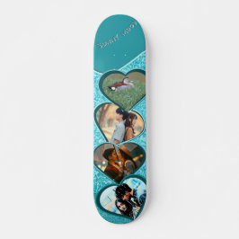 Skateboard Cuatro fotos y nombre corazón azul agua abstracto