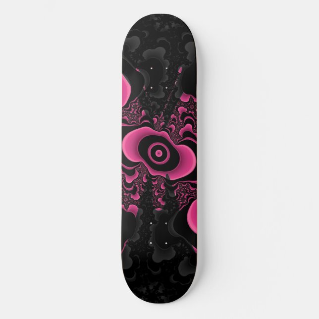 Skateboard cubierta de mariposa fractal negra y rosa (Anverso)