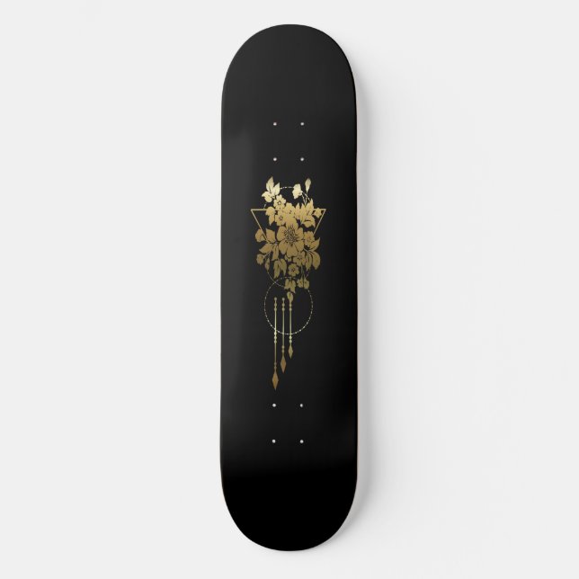 Skateboard Cubierta de patinaje "Floral geométrica en oro" (Anverso)